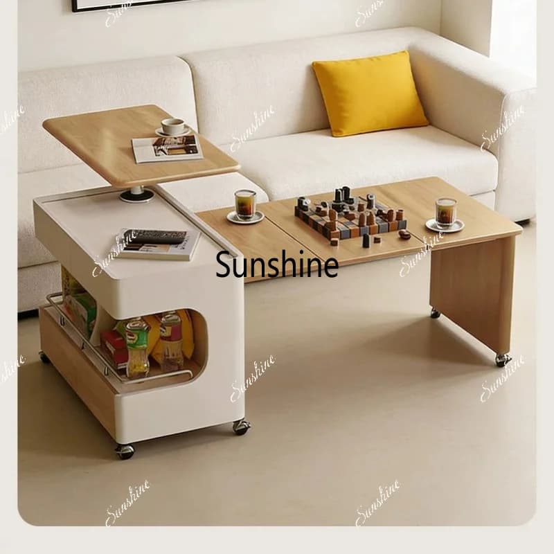 Log color cream wind movable lifting coffee table multi-functional telescopic folding