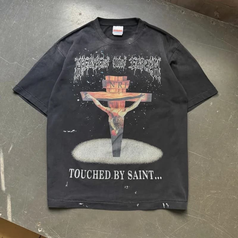 SAINT Cross-Icon Embroidered T-shirt Top Quality Summer Black Men's Women's Casual Loose Fit TEE