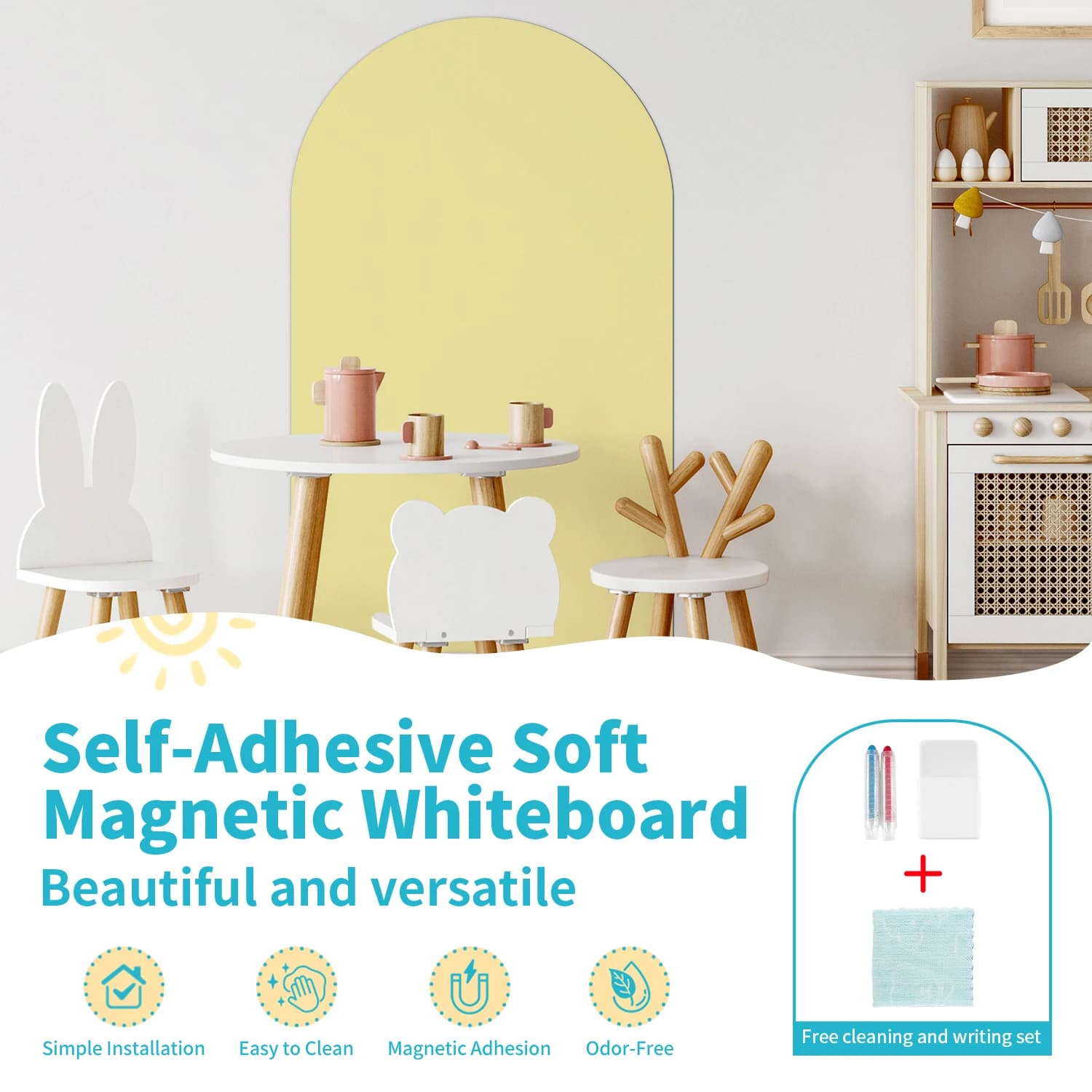 Self-Adhesive Soft Magnetic Whiteboard, Arch-Shaped Odor-Free Easy-Clean, Kids Room Home Decoration & Study Writing Board