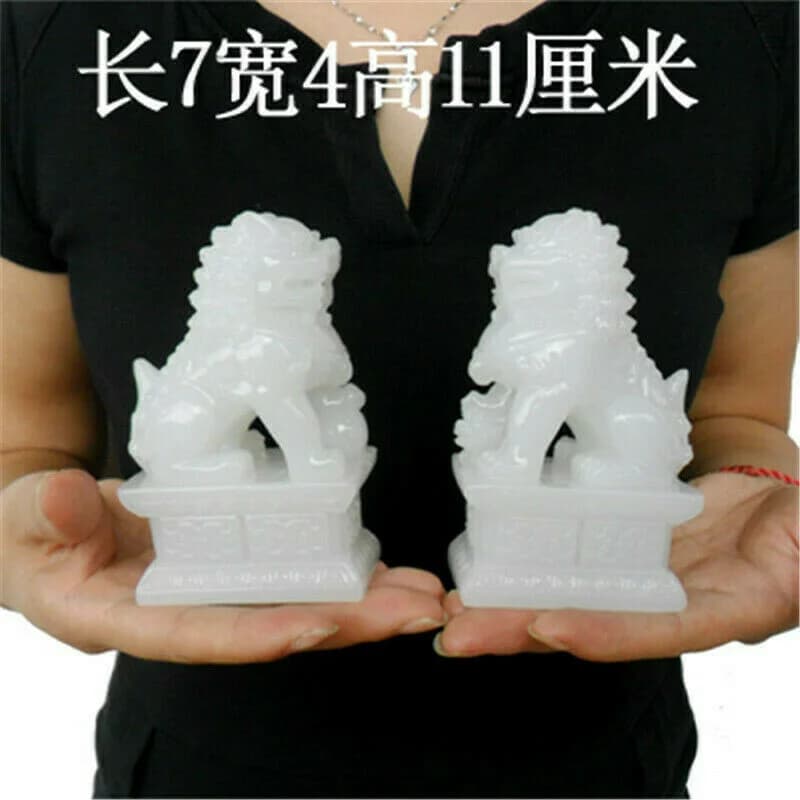 A Pair Fengshui Natural White Jade Hand-Carved Foo Dog China Lion Statues