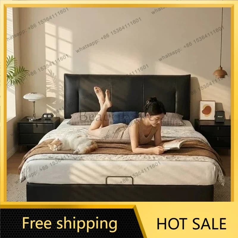 LS  180x200cm Furniture Luxury Modern Ultra Thin Bedside Leather Suspension Double Bed 2 People Bedroom Beds And Bed Frames