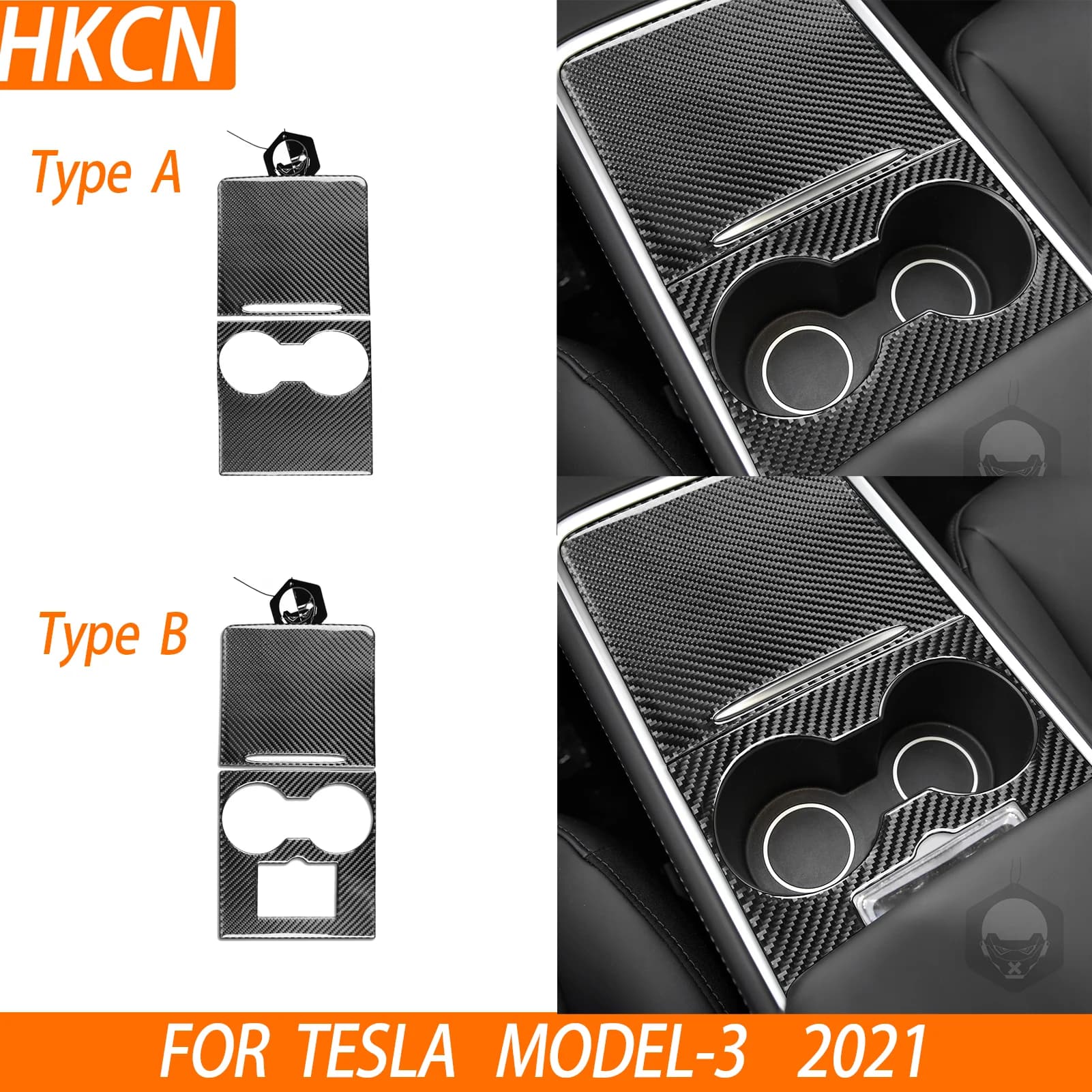 Carbon fiber center console storage cup holder panel car interior decorative sticker, suitable for Tesla Model 3 2021