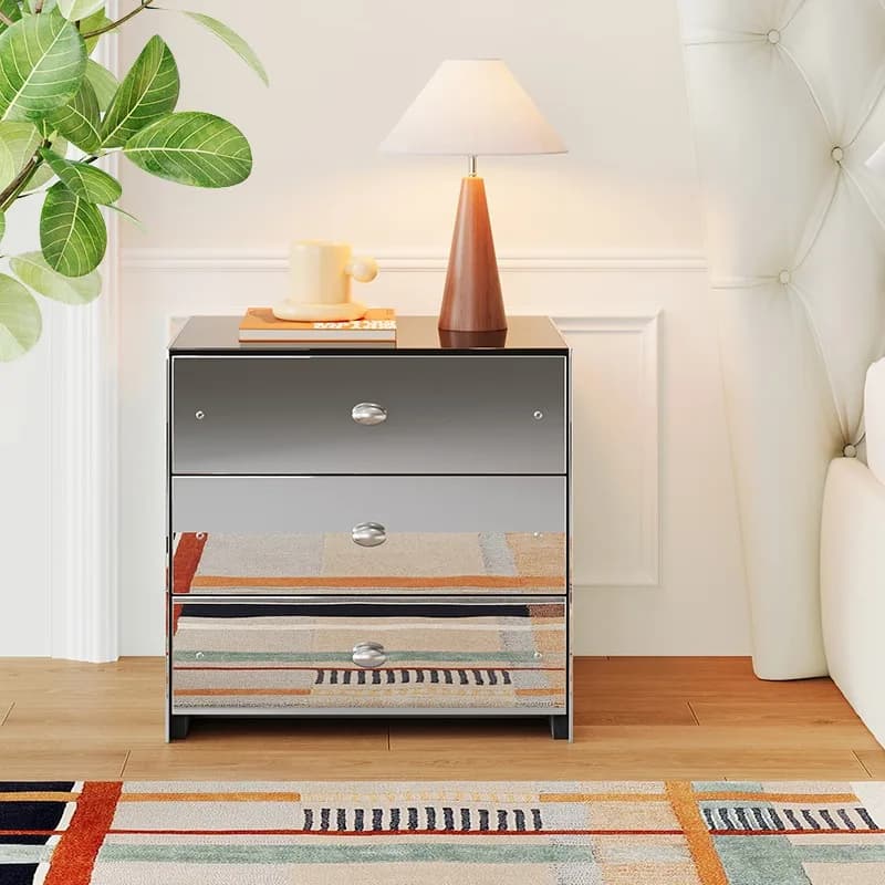 Medieval bedside table, solid wood stainless steel mirror light luxury high-end storage locker, bedroom bedside cabinet
