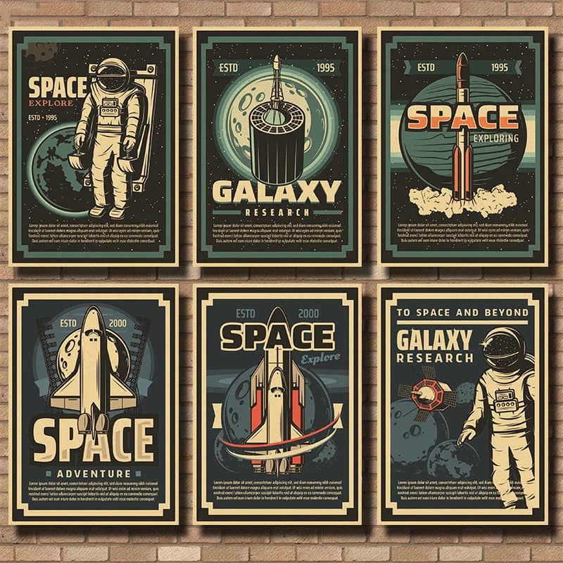 Retro Space Adventure Cartoon Art UFO Poster Astronaut and Rocket Illustration Painting Prints Nursery Wall Art Kid Room Decor