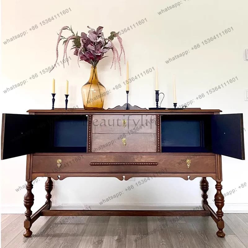 French retro carved entryway cabinet vintage living room wall-to-wall integrated sideboard