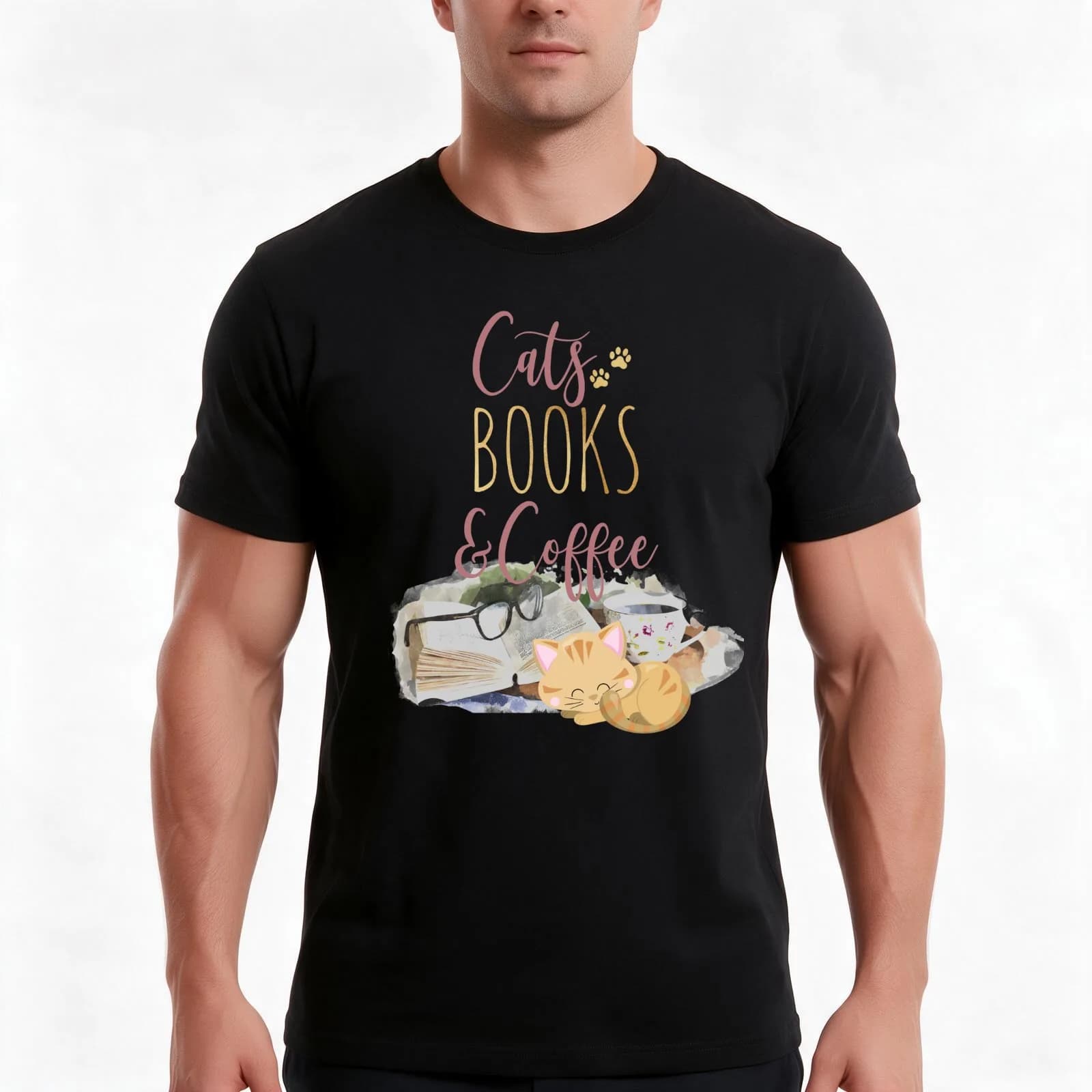 Cats, Books and Coffee Lover T-Shirt, Summer Casual Cotton Tee, Oversized Streetwear Tops, Vintage Graphic Print, 100% Cotton