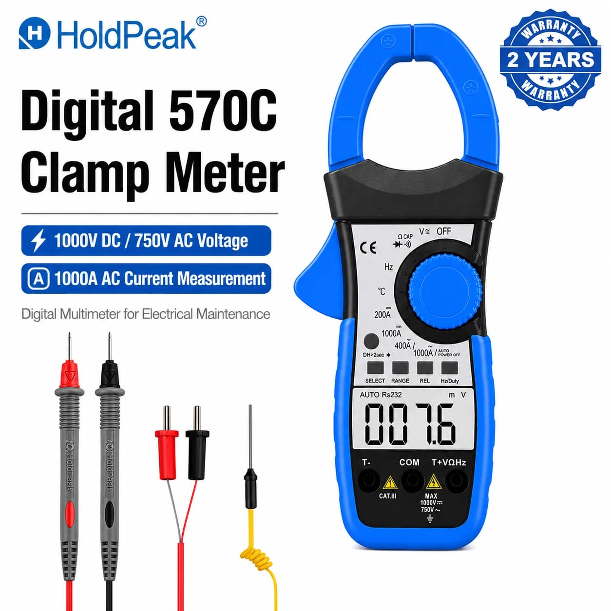 HoldPeak AC/DC Clamp Meter 3999 Counts 1000A 45mm Jaw Voltage Current Resistance Capacitance Frequency Temp Diode Continuity REL