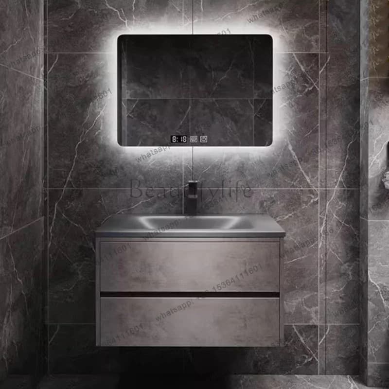 LSModern Light Luxury Drawers Organizer Bathroom Cabinet Gray Waterproof Space Saver Bathroom Cabinet Storage Mirror Furniture