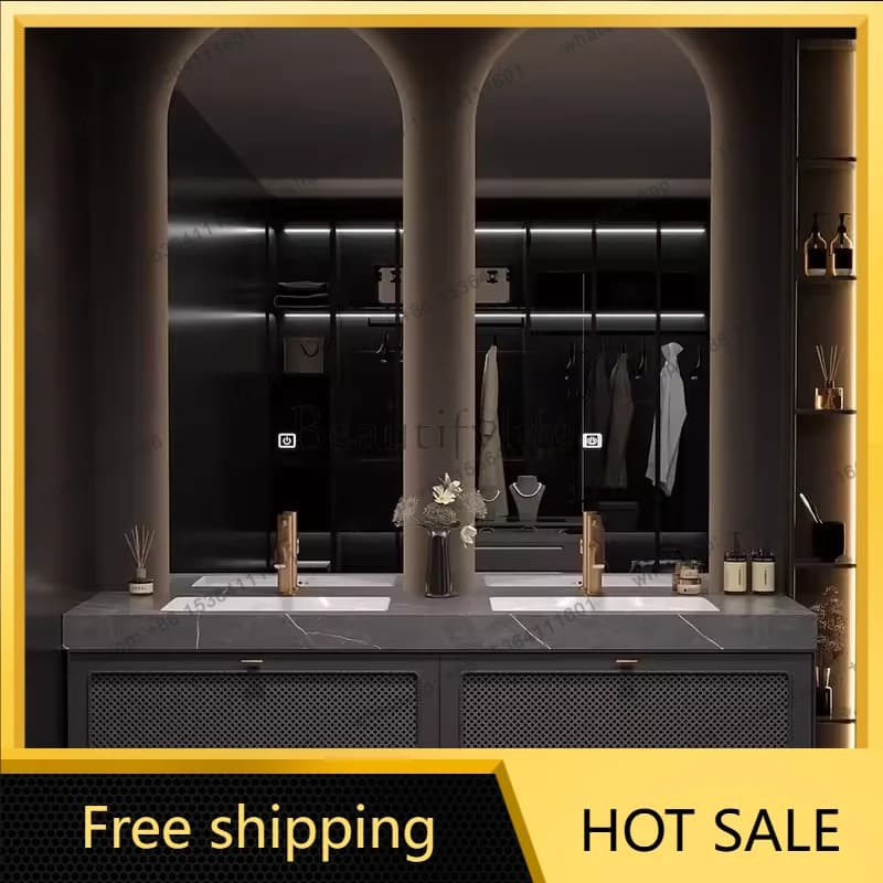 YJ Light Luxury Rock Slab Integrated Basin Bathroom Cabinet Combination Double Mirror Wash Designer Customized High-end Villa