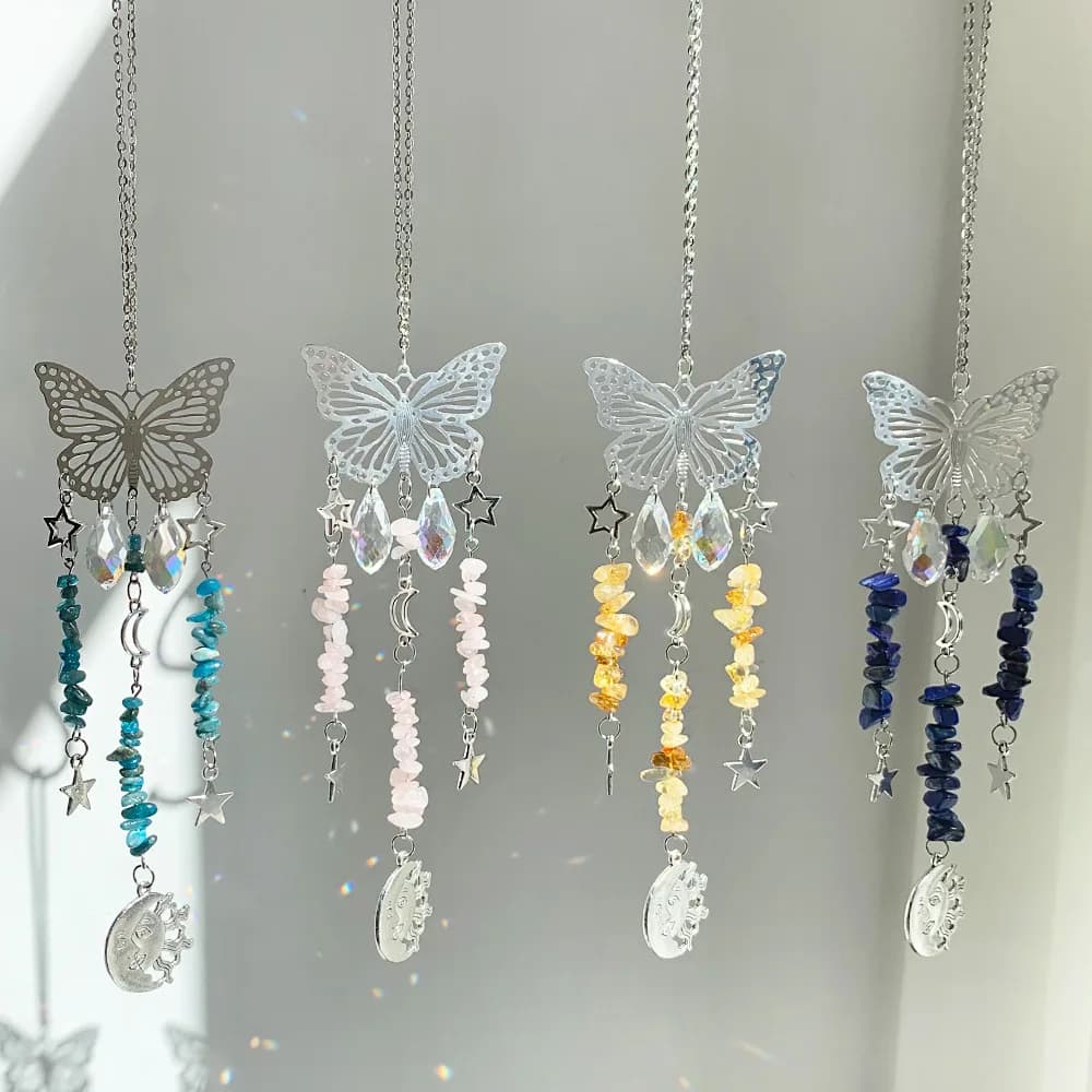 Butterfly Crystal Sun Catcher - Rainbow Maker with Natural Stone, Handmade Decor for Window, Garden & Living Room