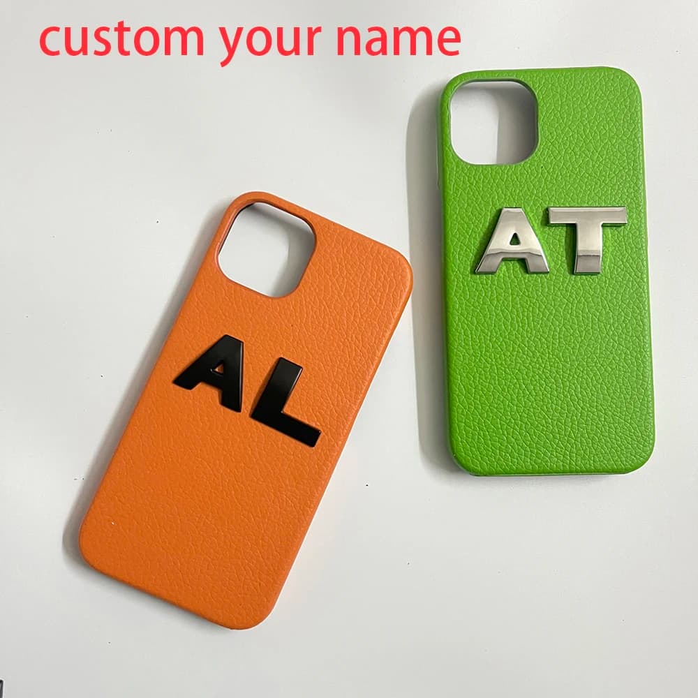 Custom Name Sliver Metal Letters Leather Phone Case For iPhone 16pro 15plus 14 13 12 Pro Max mini 11 Pro XS X XR 6S 7 8 Plus