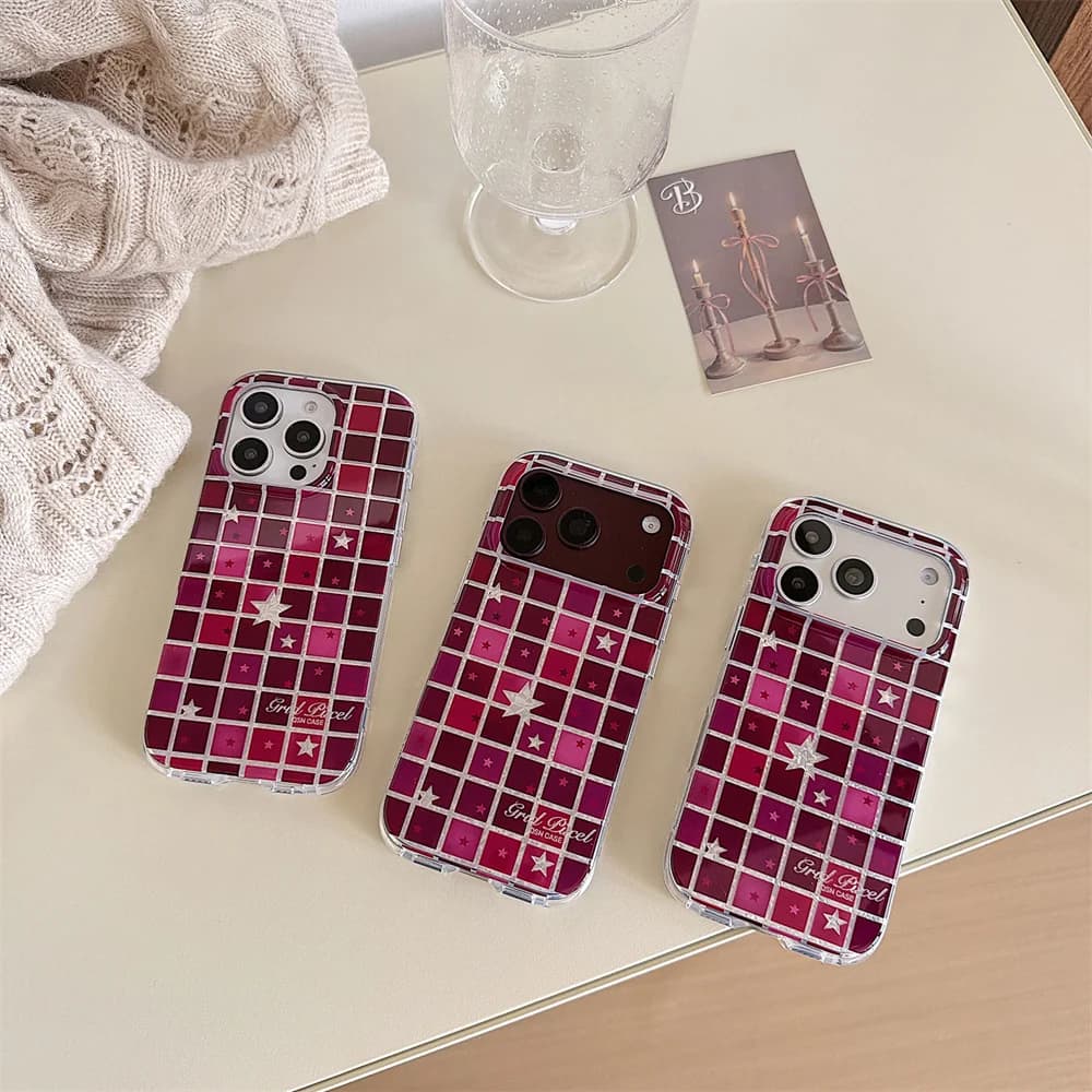 Korea Ins Burgundy Gradient Plaid Star Phone Case Shiny Glitter Sweet Aesthetic Shockproof Cover For iPhone 18 17 16 15 Pro Max