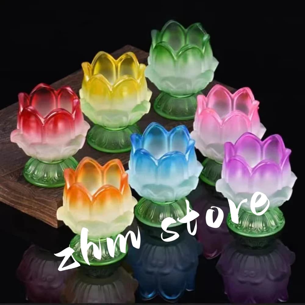 Buddhist Hall Ghee Candlestick Holder,Multicolor Flower Six leaves Shape Tall Feet Altars Liuli Candle Butter Lamp,Buddhist Item