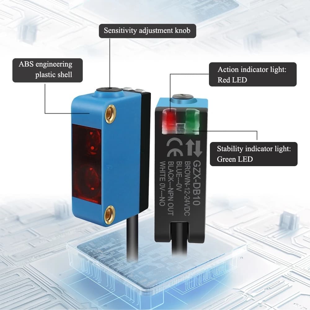 GZX-DB05 NPN Output Square Photoelectric Sensor, Red LED BGS Background Reflection Suppression Type 2-50mm