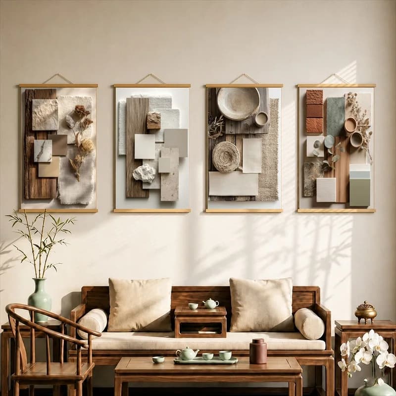 Organic Wabi Sabi Texture Canvas Wall Art Hanging Scroll Natural Earth Tone Abstract Print with Wooden Rods for Home Decor