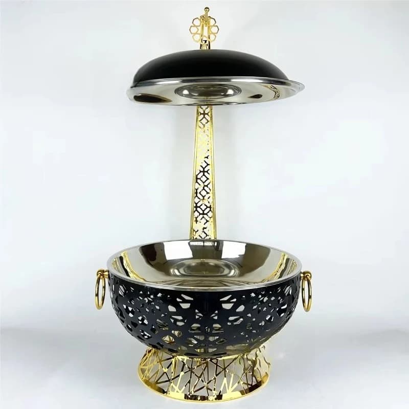 Hot Sale Luxury Black and Gold Stainless Steel Fondue Food Warmer Served with Hanging Cover for Wedding Parties