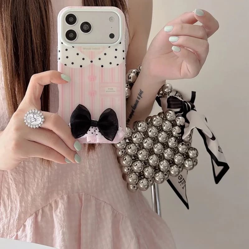 Sweet Love Charm Fashion Bow Holder TPU Phone Case for iPhone 15 16 17 18 Pro Max Stylish Pendant Design Phone Cover