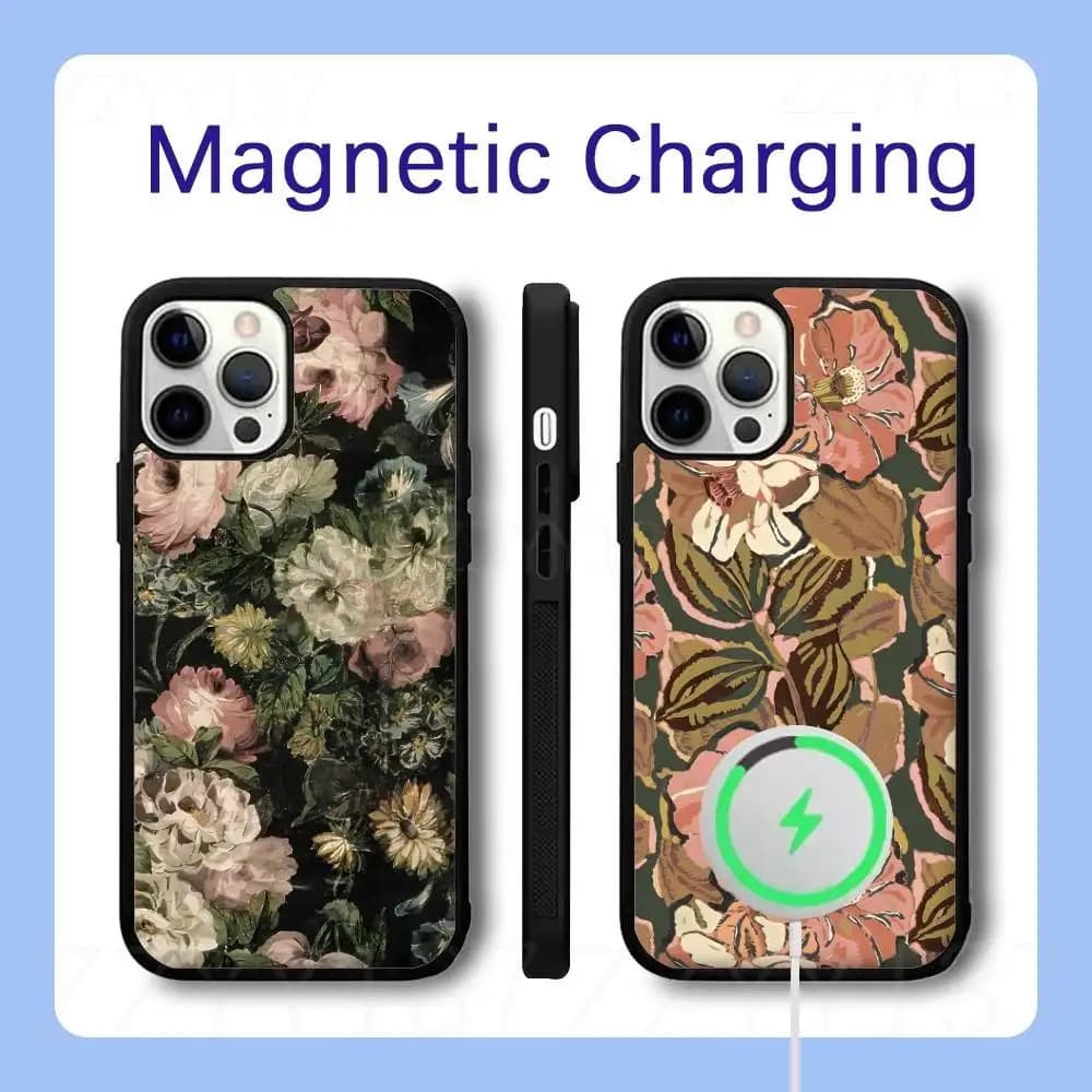 Vintage Flowers Patterns Phone Case For iPhone 18,17,16,15,14,13,12,Pro,Max,Plus Magnetic Wireless Charge Cover