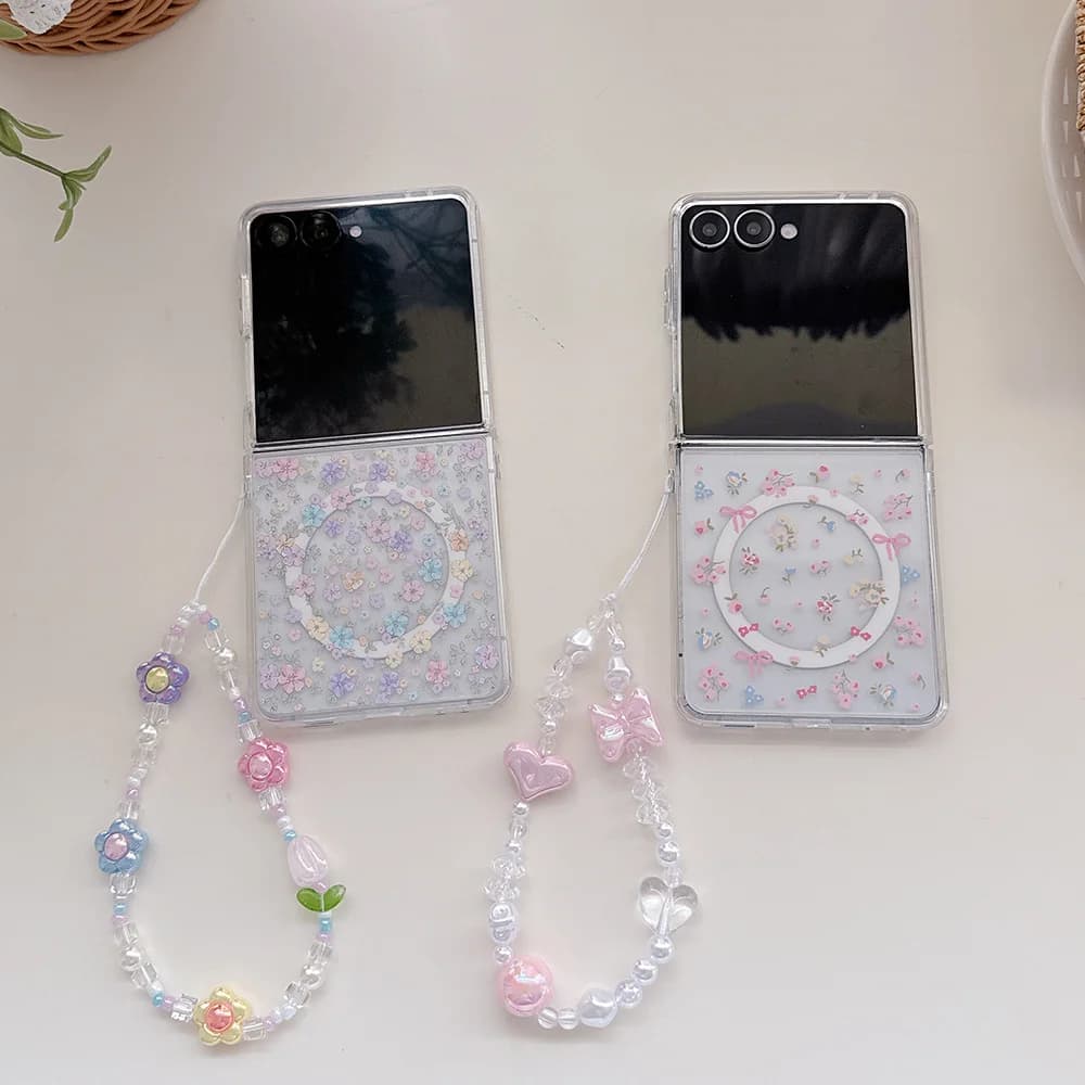 Clear Floral Bow Magnetic Ring Phone Case for Samsung Galaxy Z Flip7 Flip8 Anti-drop Foldable Flip Protective Shell for Ladies