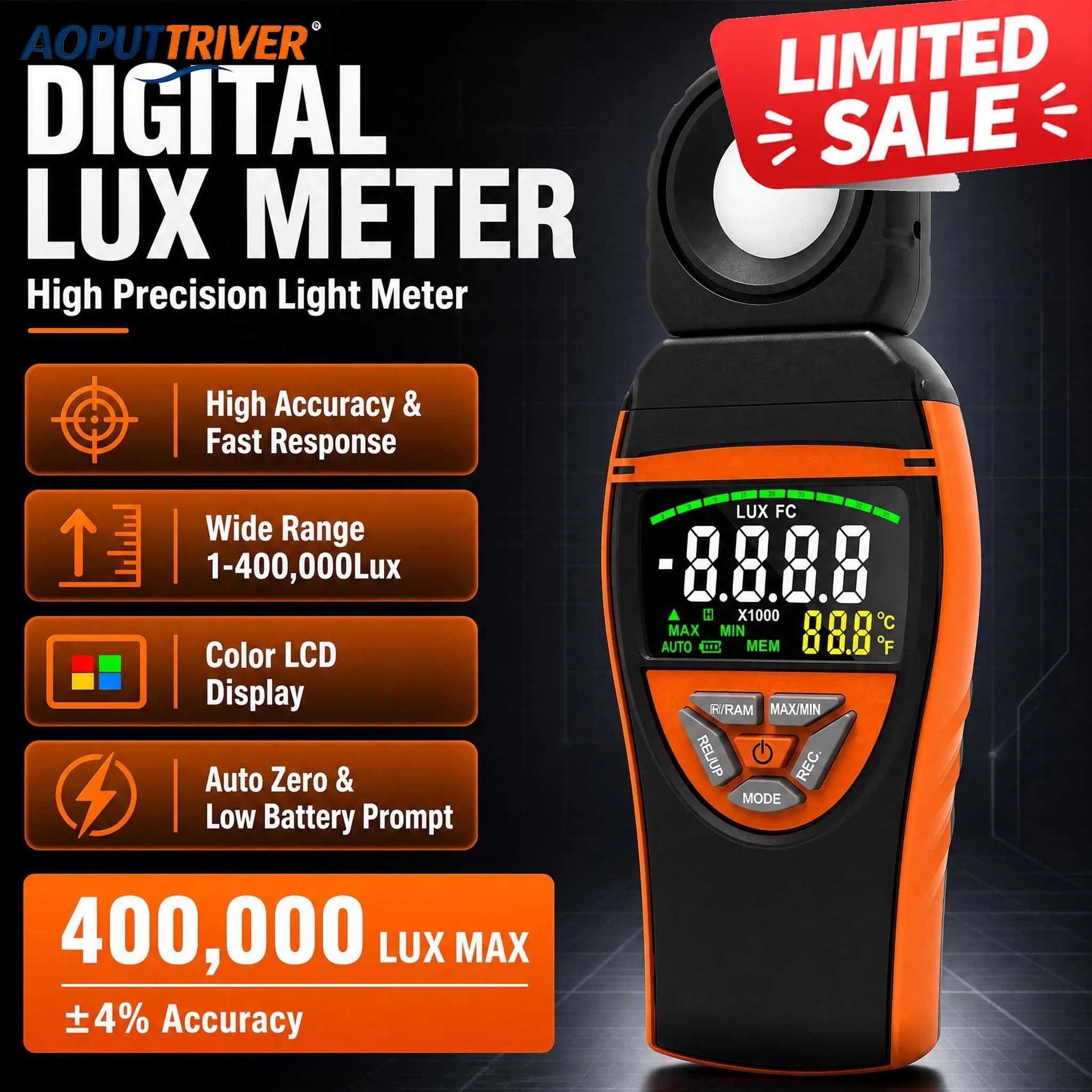 HoldPeak Digital Lux Meter 8801A 400,000Lux High Precision Light Meter 270° Rotatable Sensor Lux/FC Temperature for Factory LED