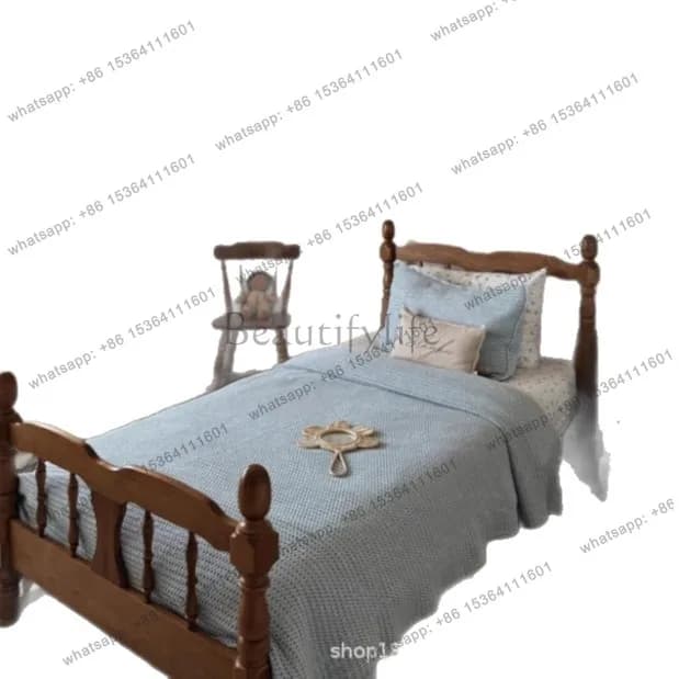 French retro all solid wood bed medieval master bedroom single bed homestay design