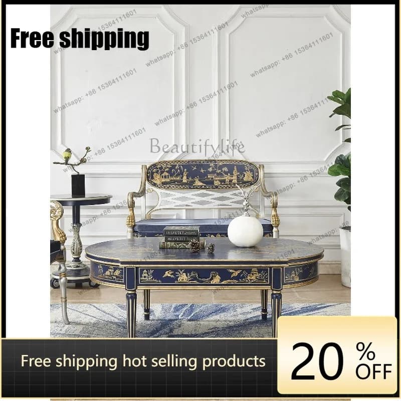 YJ French antique painted oval solid wood coffee table European classical living room sofa table