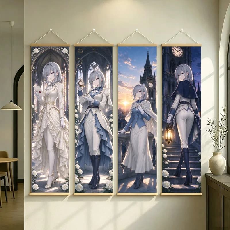 Silver Haired Anime Women Hanging Scroll with White and Blue Fantasy Dresses and Luminous Architectural Scenes for a Bedroom