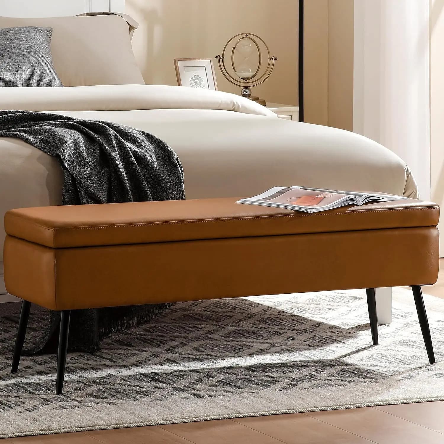 Leather Storage Ottoman Bench, End of Bed Bench with Steel Legs