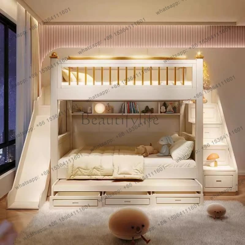 150x190cm king size frames mattress kids loft bed 2 people luxury 3 drawers bunk beds With slide ladder bedroom furniture set