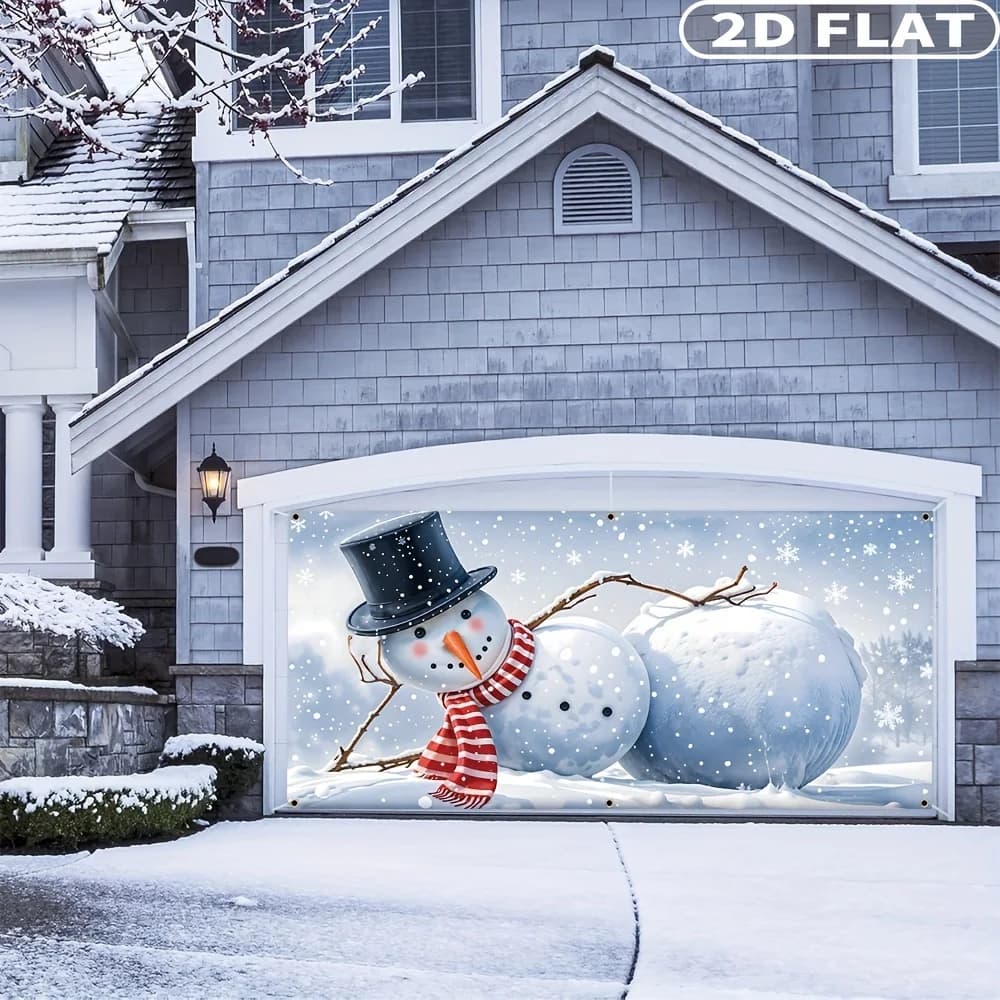 1pc 2D FLAT Durable Polyester Christmas Garage Banner - Snowy Snowman & Snowball Design, Perfect For Winter Celebrations