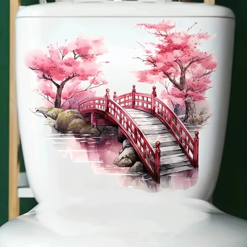 Cherry Blossom and Bridge Wall Sticker Bathroom Toilet Decor Living Room Cabinet Refrigerator Home Decoration Decals S784