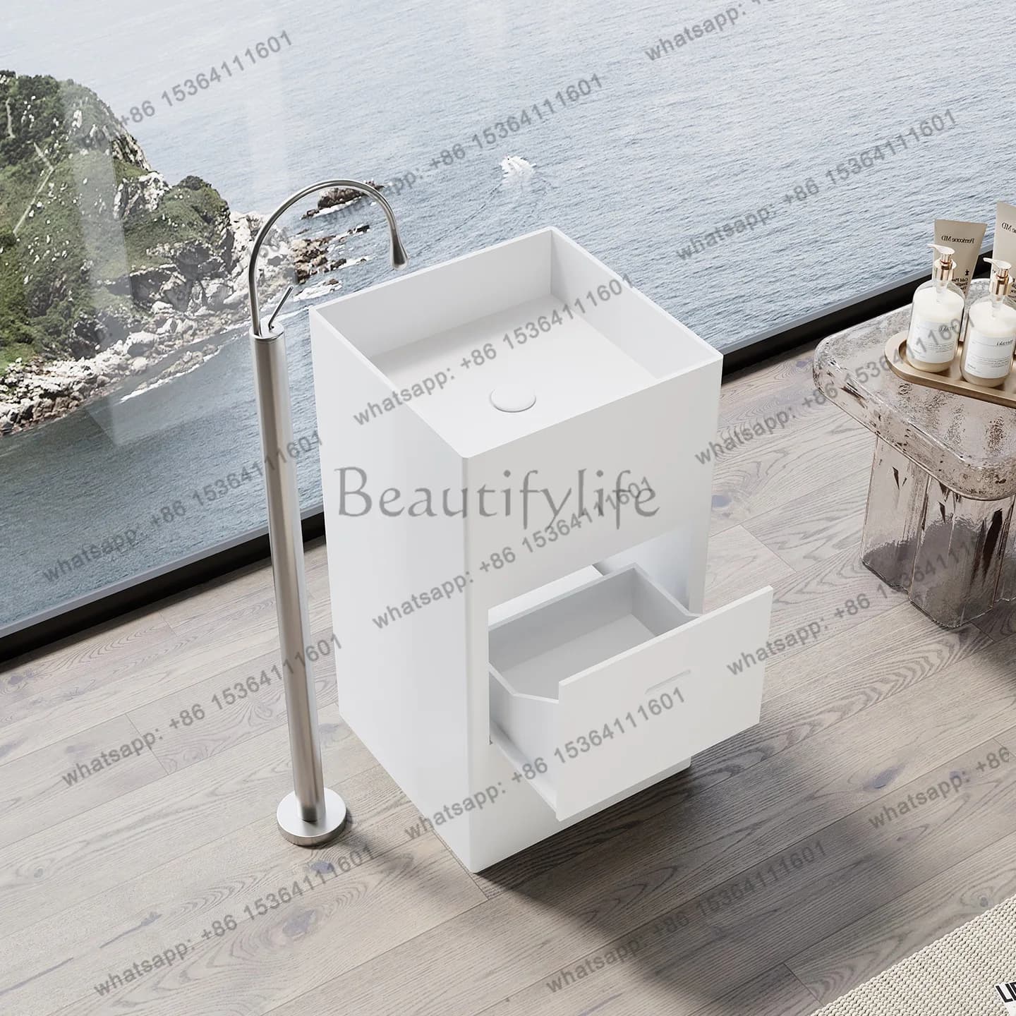 Integrated floor type with drawer storage artificial stone wash basin column basin B & B hotel household