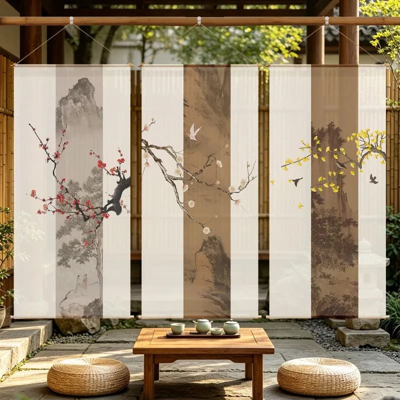 Japanese Zen Garden Hanging Room Divider – Semi Transparent Sheer Gauze Curtain for Tea Room, Tatami & Meditation Space