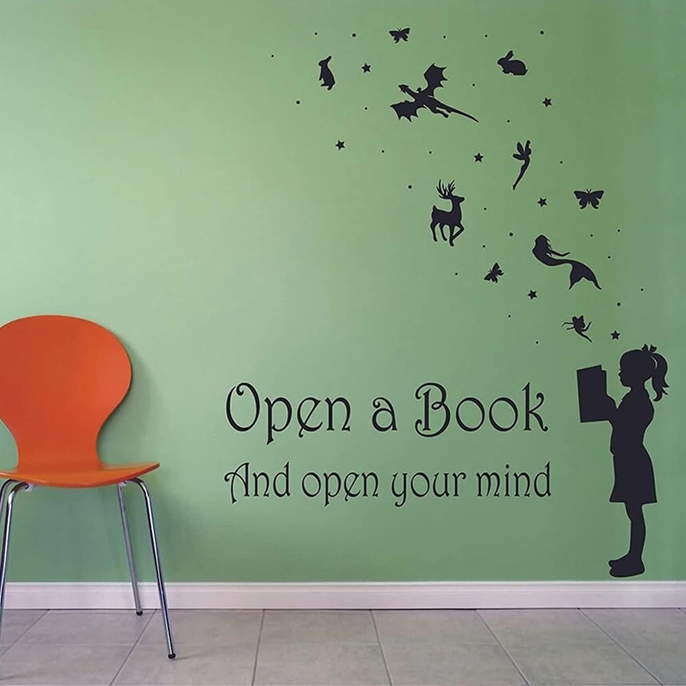 Reading Books Motivation Quotes Wall Sticker Library Bedroom Open Book and Mind Daycare Story Wall Decal Girl Room Vinyl Decor
