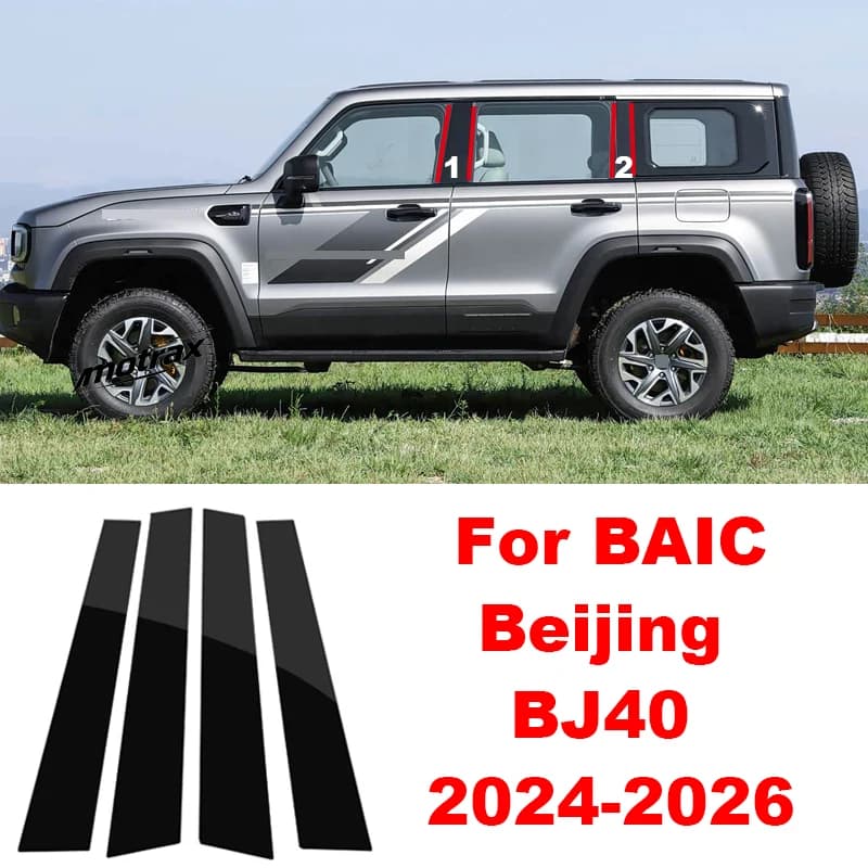 Car Door Window B C Column Pillar Posts Trim for BAIC BEIJING BJ40 2024 2025 2026 Decorative Stickers Glossy Black Accessories