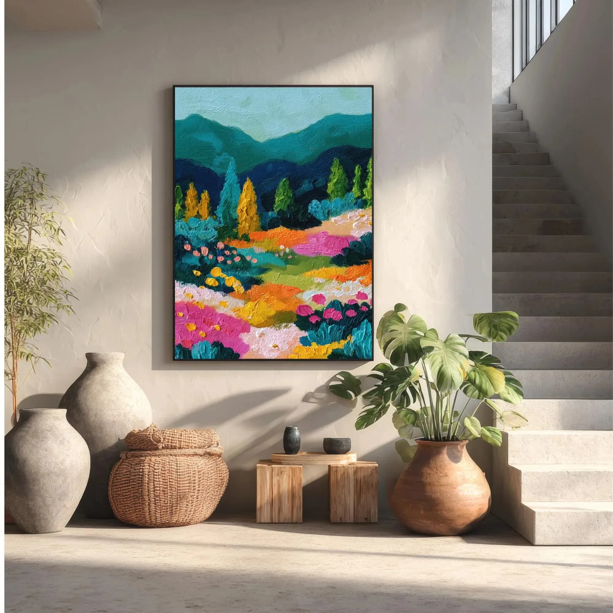 Colorful mountain meadow murals,abstract landscape canvas posters,vibrant floral nature prints,impressionist posters,home décor.