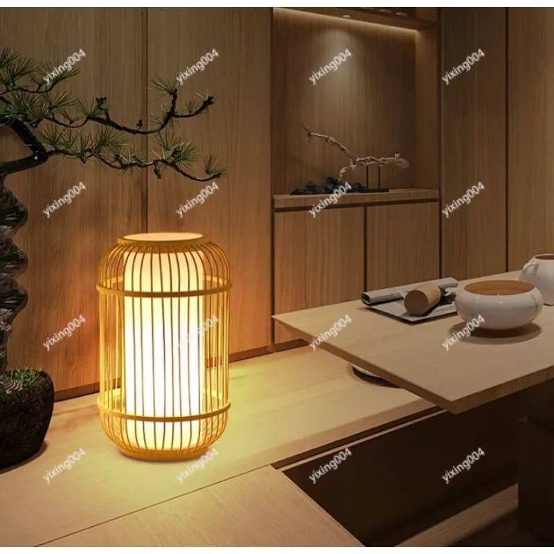 Handmade Bamboo Desk Lamp, Retro Chinese Style Rechargeable Night Light for Bedside Teahouse