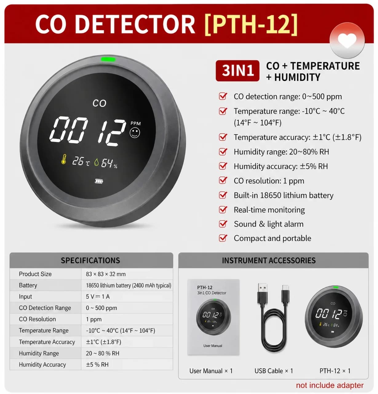 FABISENSE Portable CO Detector 3 in 1 High-Precision Carbon Monoxide Detector, CO Detector with Temp/Humidity Sensor CO Detector
