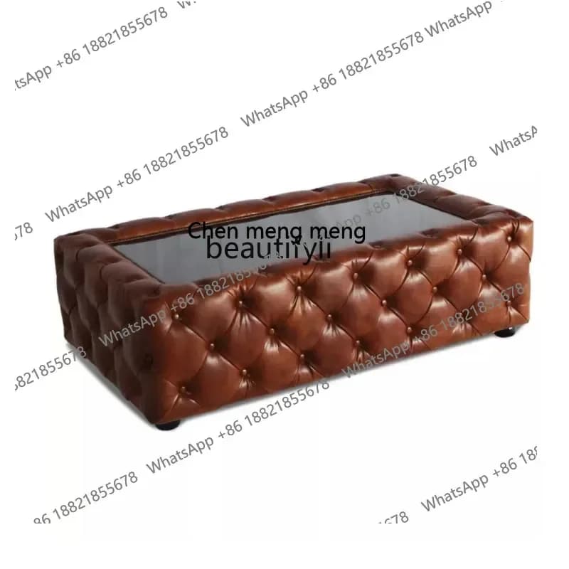 ss8350 American country retro leather soft bag coffee table, French first layer oil wax leather living room pull button coffee