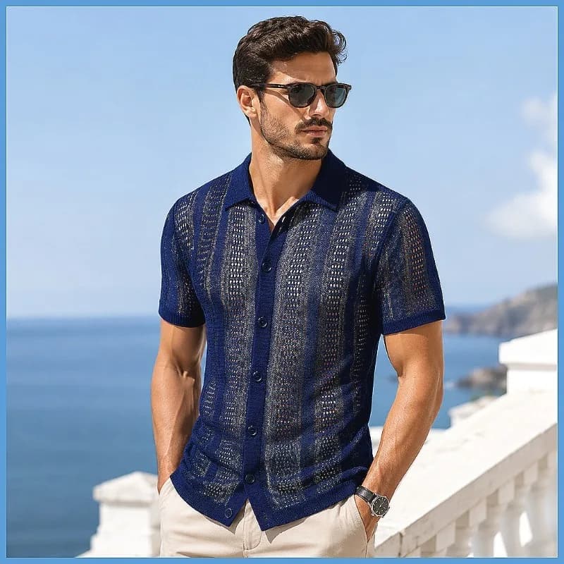 UETEEY Men's Spring Summer Lyocell Tencel Mesh Polo Shirt Slim Fit Short Sleeve Knitted Lapel Solid Color Breathable Lightweight