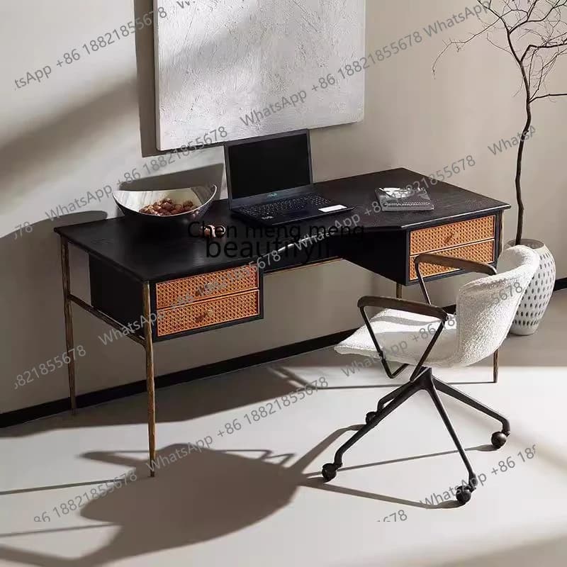 E153 Vintage Style Solid Wood Desk Retro Office Writing Desk Nordic Wabi-Sabi Style Computer Desk