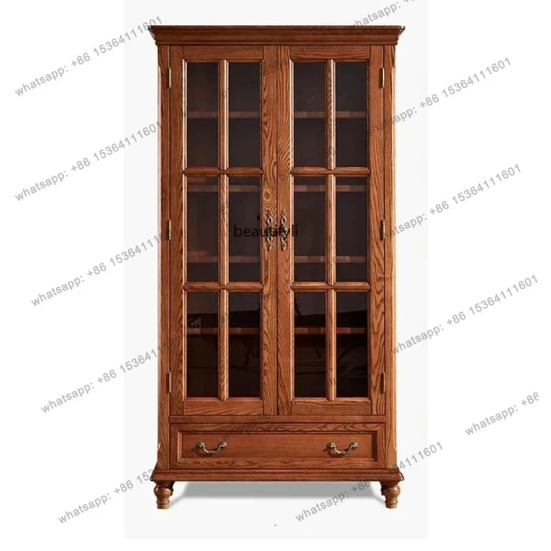 HHigh-end American all-solid wood bookcase with glass ash wood log bookshelf floor-to-ceiling storage display cabinet