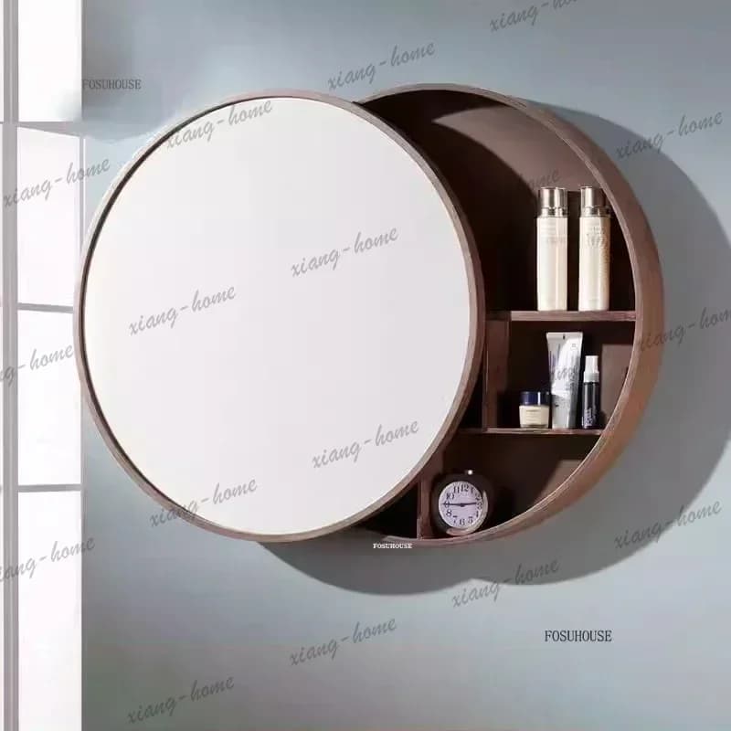 PG Wall Mounted Solid Wood Mirror Bathroom Cabinet Simple Round Vanity Storage Cabinet Home Furniture Mirror Cabinets