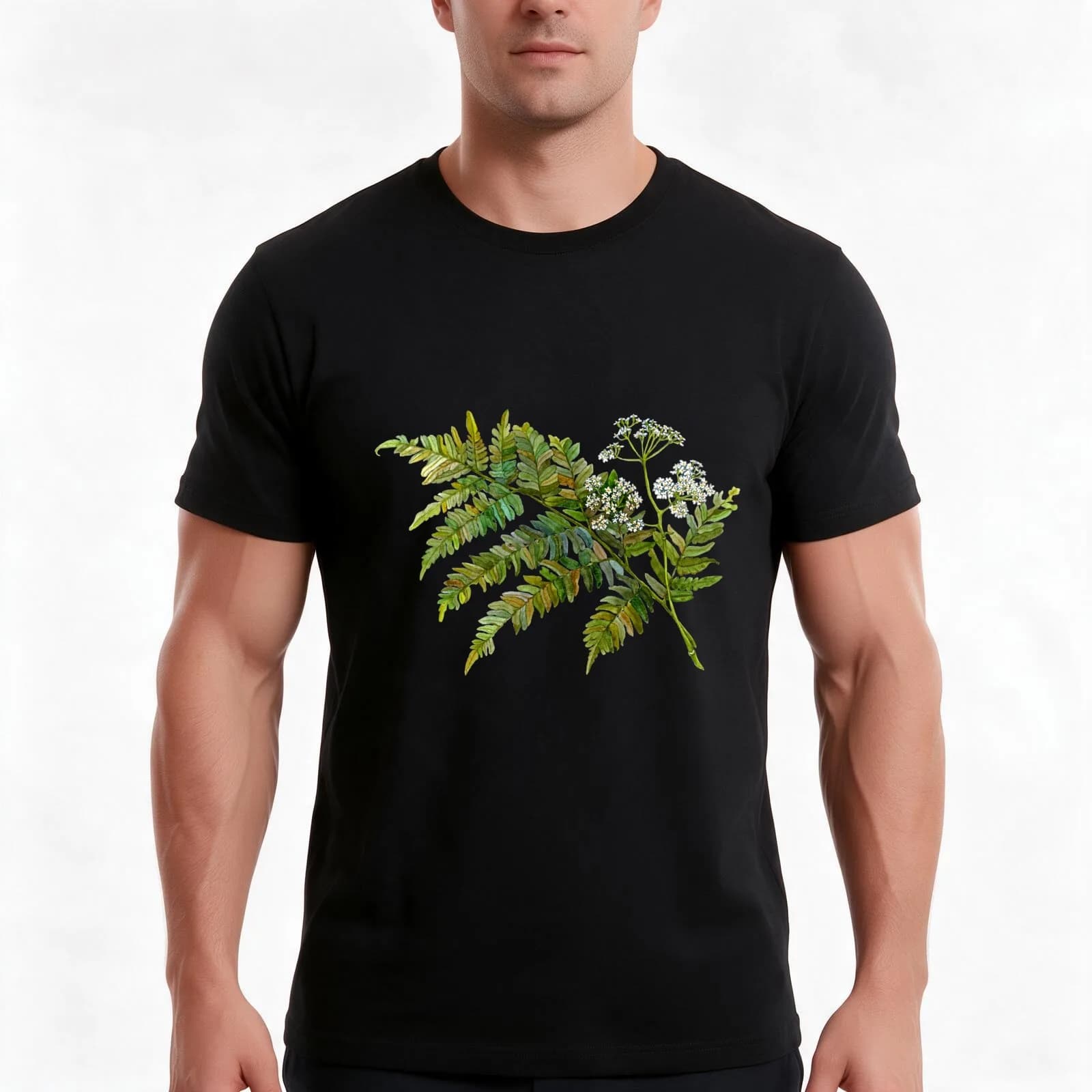 Watercolor fern and flowers T-Shirt, Summer Casual Cotton Tee, Oversized Streetwear Tops, Vintage Graphic Print, 100% Cotton