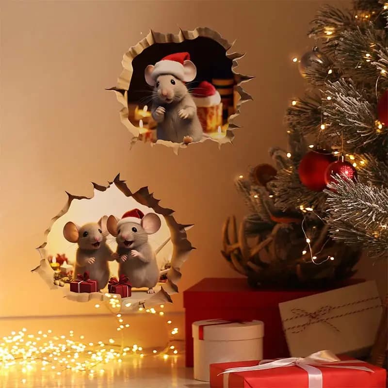 Cartoon Wall Mousehole Christmas Little Mouse Christmas Atmosphere Decoration Wall Stickers Kids Room Art Decals Sticker M1002