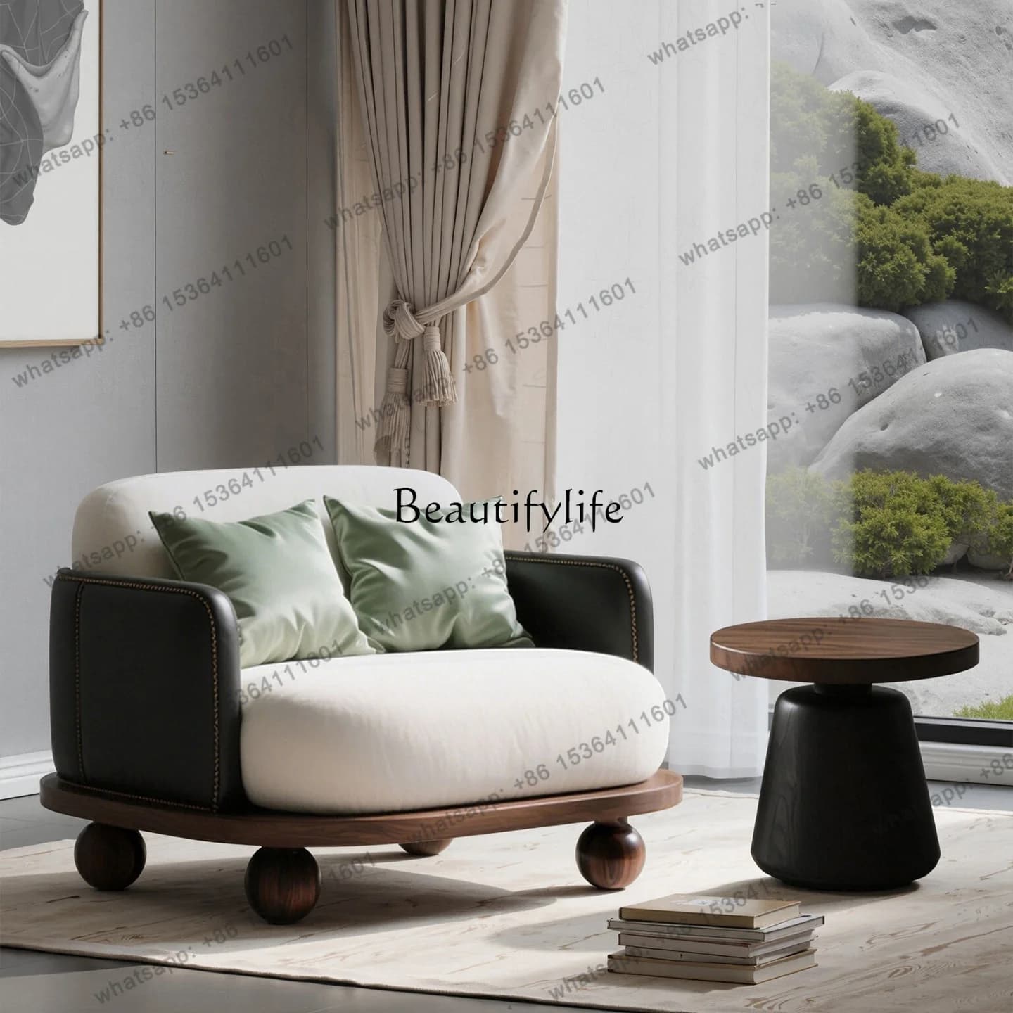 Customization Wabi Sand Wind Black Walnut Sofa Chair Vintage Round Single Leisure Chair