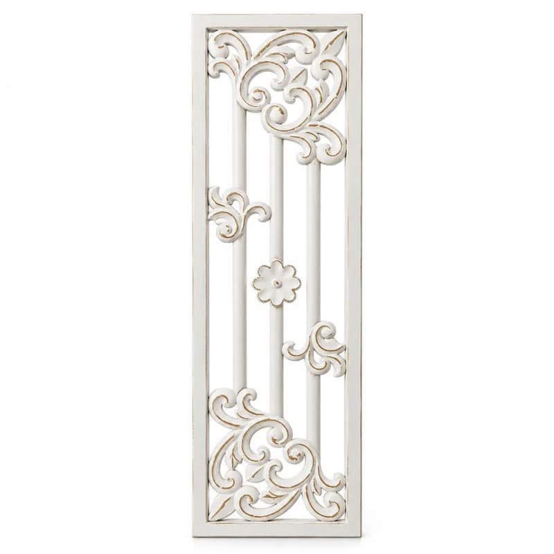 Vintage French Carved Wall Decor, Distressed White MDF Openwork Panel, Tall Narrow Farmhouse Wall Art for Home