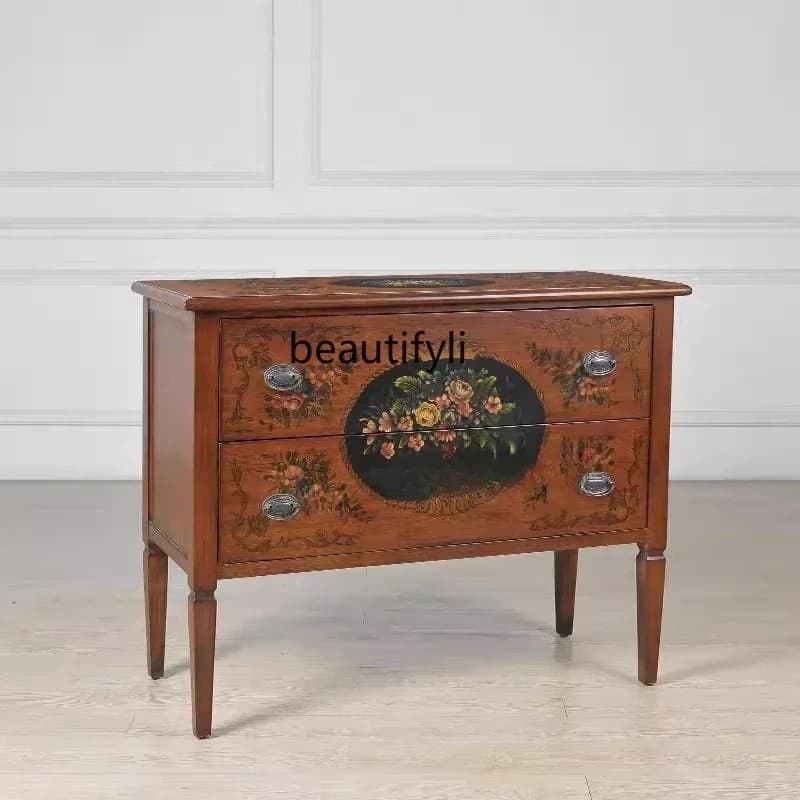 Hand-Painted Classical Wood Color Double Drawer Entryway Cabinet Sideboard Dining Table Hallway Cabinet