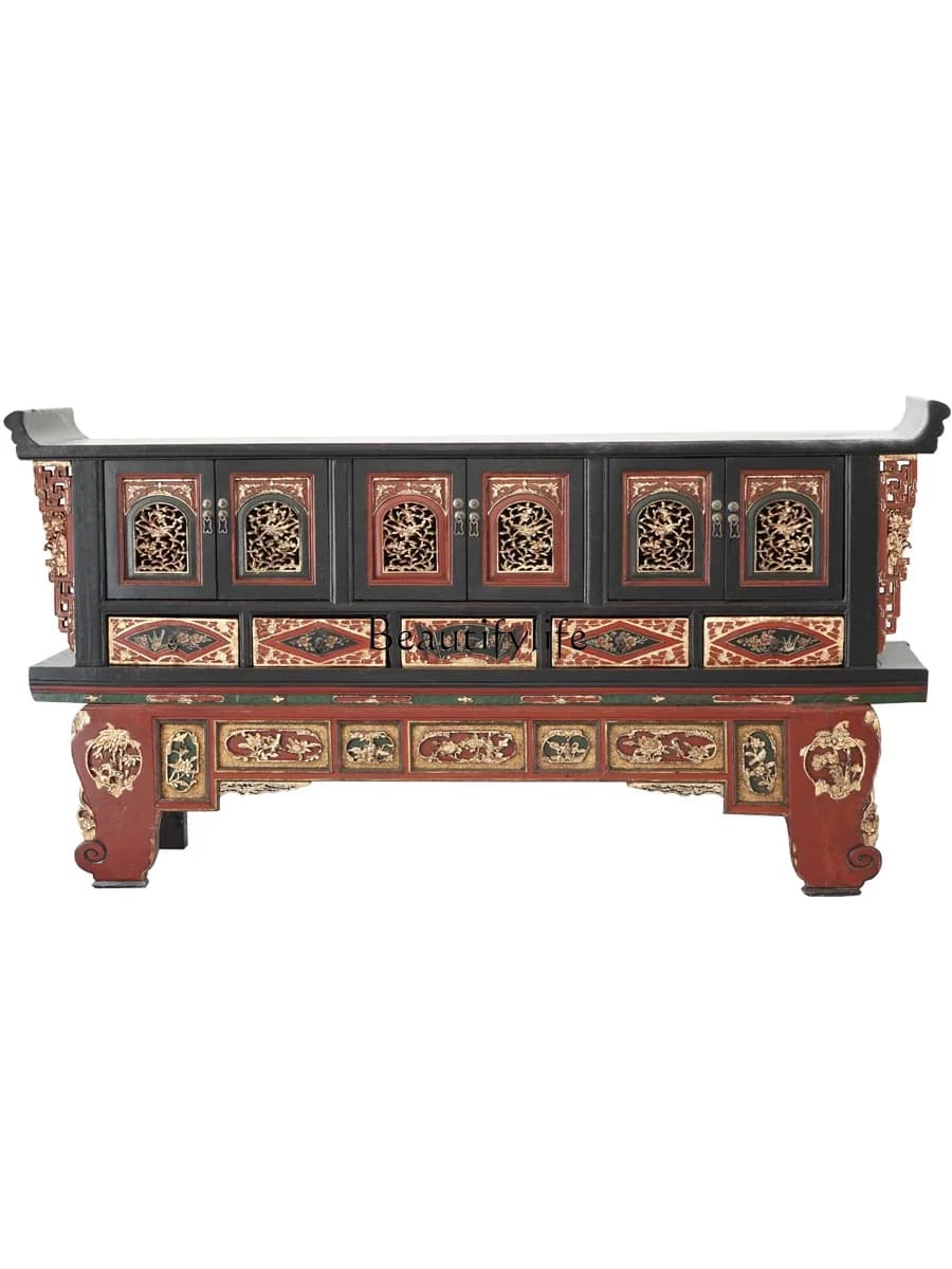 yj58 New Chinese style antique solid wood warped head porch cabinet retro carved gold classical locker