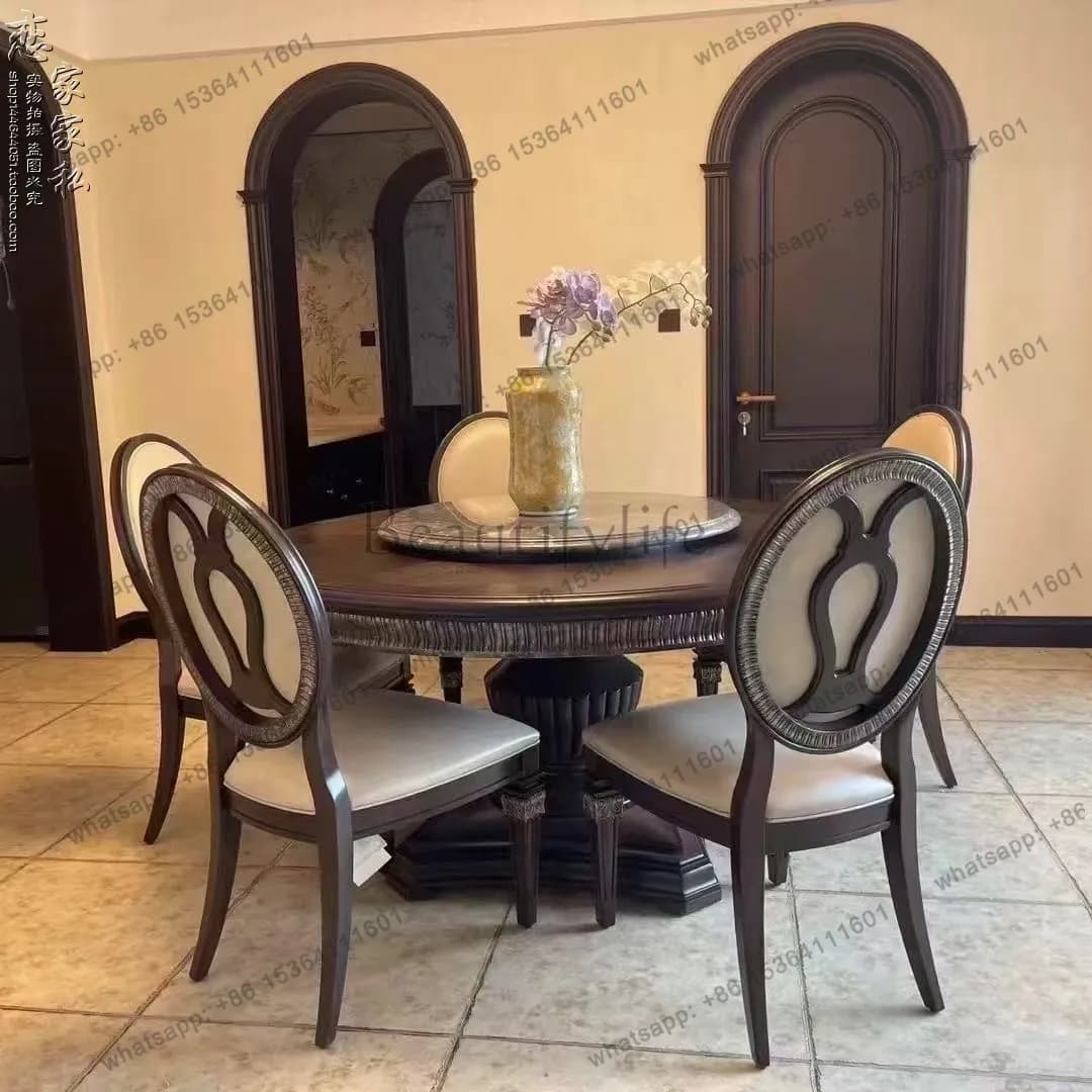 Spot American retro solid wood dining table ART solid wood dining table and chairs, French engraved round dining table chair